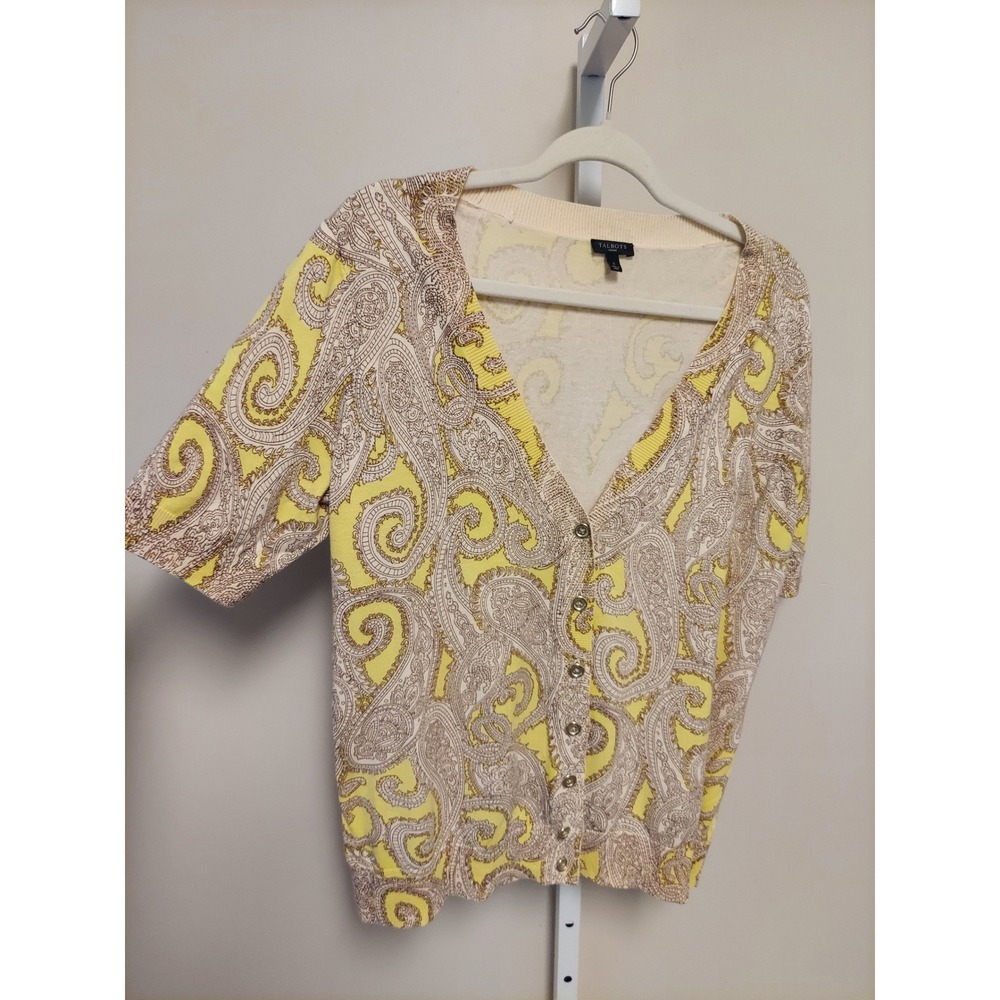Talbots Woman Paisley Short Sleeve Button Front Cardigan Sweater X‎ Preppy